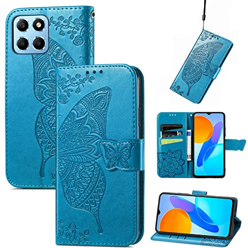 JIUNINE Coque pour Honor X6 / Honor X8 5G / Honor 70 Lite, Antichoc Housse étui en Cuir PU Flip Case Portefeuille à Rabat avec Motif Papillon [Porte Carte] [Magnétique] pour Honor X6, Bleu