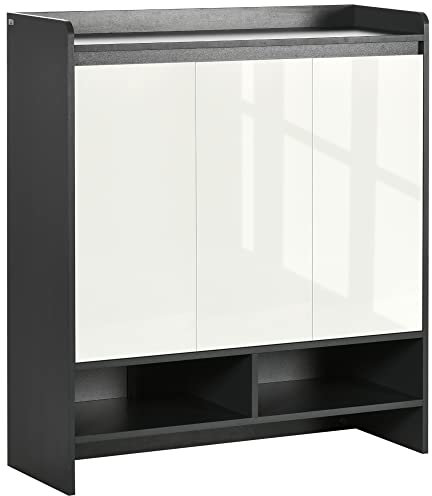 HOMCOM High Gloss Shoe Cabinet with White Doors and Open Shelves, Hallway Shoe Cupboard Storage Organizer for 19 Pairs of Shoes, Grey