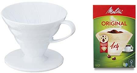 HARIO V60 Plastic Coffee Dripper, White, Size 2 & Melitta 6658076 Pack Original Size 1x4, 80, Filter Coffee Makers, Brown, Paper