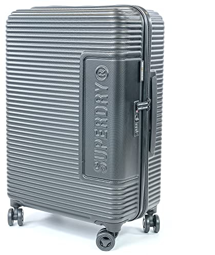 Superdry Hartschalen-Reisekoffer, leicht, robust, TSA-Schlösser, mit 8 leichtgängigen Spinnrädern, Teleskop-Trolley, Kleiderhaltegurten & Gepäck mit hoher Kappe, schwarz / schwarz, M,