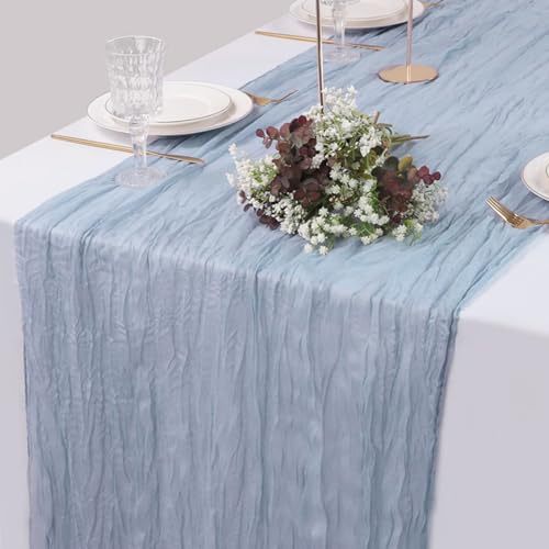 Tischläufer Staubiges Blau, 90 x 400 cm Gaze-Tischläufer, Lang Romantisch Halbdurchsichtiger Stoff, Tischdecke Altblau, Käsetuch Tischläufer für Babyparty, Geburtstagsparty, Hochzeit Tischdeko