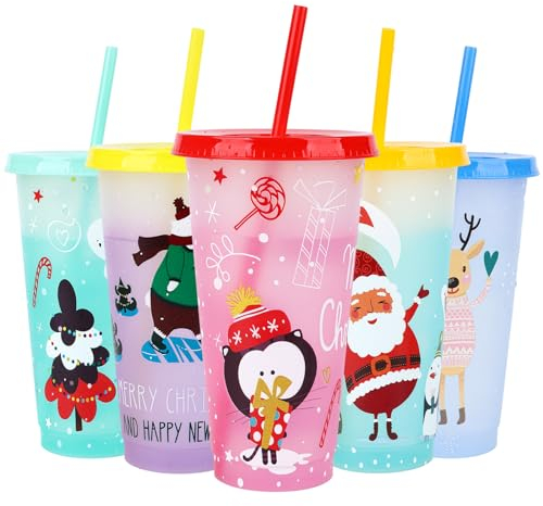 5 Stück Weihnachts-Getränkebecher 710ml kalte Farbe ändern Cup Set mit Deckel und Strohhalme Becher Tasse Trinkbecher Smoothie Saft Kaffeebecher für Weihnachtsfeier Dekorationen (Color A)