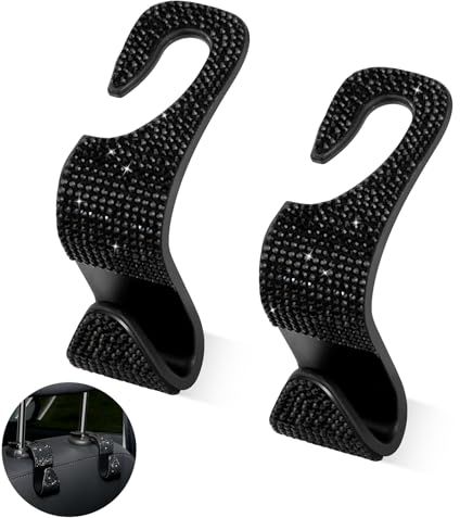 Newellsail Autositz-Haken Glitzernde Kristall Kopfstütze Aufhänger Auto Rücksitz Aufbewahrungshaken für Geldbörse, Handtasche, Lebensmitteltasche 2 Stück (Schwarz)