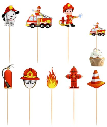 Feuerwehr Kuchen Dekorationen Zubehör, 24 Stück Fire Truck Cupcake Toppers Feuerwehrmann Geburtstag Tortendeko Feuerwehr für Feuerwehr Tischdekoration Kindergeburtstag