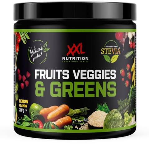 XXL Nutrition - Fruits Veggies & Greens - Greens Pulver, Vitamine Smoothie, Superfood - Zitrone - 300 Gramm