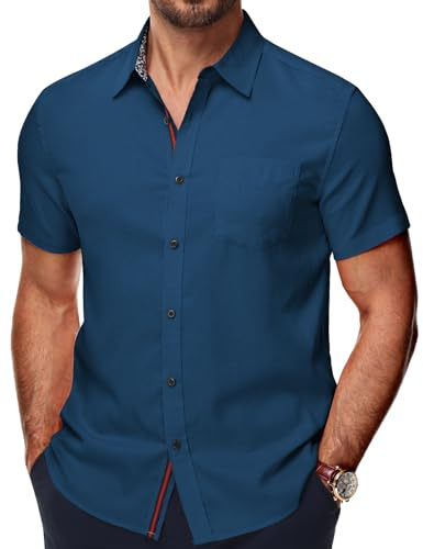PJ PAUL JONES Kurzarm Herren Hemd Baumwolle Farbkontrast Freizeithemd mit Brusttasche (Dunkelblau, L)