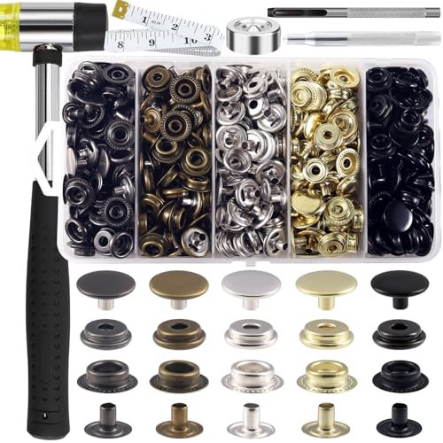 Druckknöpfe, Druckknopf 506 Artikel, Druckknöpfe 15mm, 5 Farben Edelstahl Druckknopf mit Basis, Hammer, Stanzwerkzeug, Spitzes Werkzeug, Konkaves Werkzeug für DIY Nähen, Leder, Kleidung, Jeans trägt