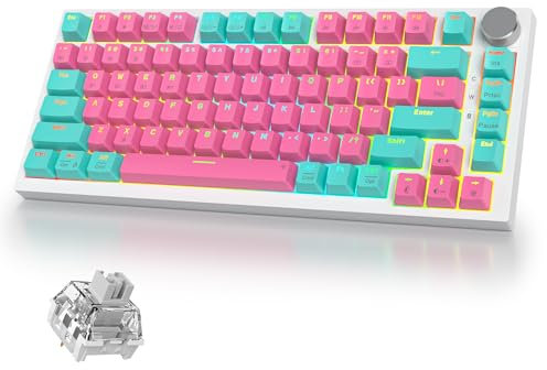 iRoboosta 400PRO 75% Wireless Creamy Mechanical Keyboard Pink, Gasket Hot Swappable RGB Gaming Keyboard, Bluetooth/2.4GHz/USB-C Cute Keyboard with Pre-lubed Cream Grey Switches (82 Pink Cyan) ﻿