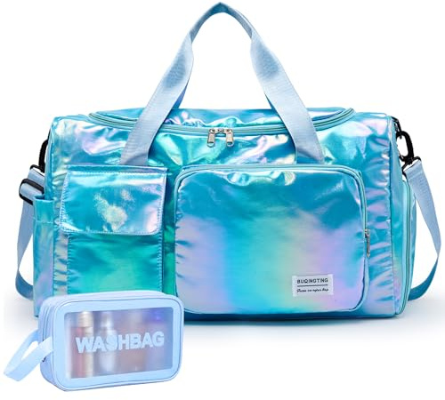 Z6 Blue Shinny Gym & Toiletry Bag - Small Women's Travel Duffle with Shoe Compartment