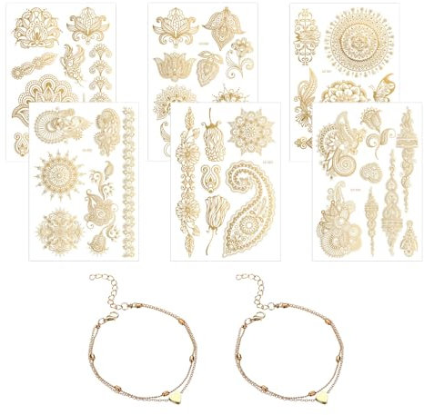 6 autocollants de tatouage dorés, 2 bracelets de cheville, ornements de vacances, autocollants de tatouage pour dames estampés à chaud, autocollants de tatouage de bras décoratifs