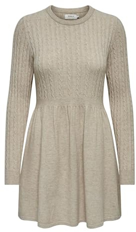 ONLY Damen Strickkleid Rundhals Regular fit Langarm Midikleid bequem, Farben:Beige, Größe:XS