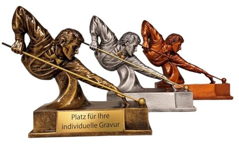 eberin · XL Billardpokal-Trio in Gold, Silber und Bronze! · Billardspieler Trophäe · Billard Wanderpokal · Billardspieler mit Queue · Billard Pokal mit Wunschtext · Größe 19 cm (Silber mit Gravur)