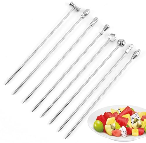 FYHJNC Cocktail Picks, Stainless Steel Skewers, 8 Pack, 11cm | Food-Grade 304 Stainless Steel, 8 Assorted Top Designs, 4.3 Inch, Reusable, for Cocktails, Fruit, Appetisers & Party Buffets