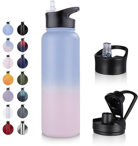 UMBFUN Edelstahl Trinkflasche - 1.2L - mit Strohhalm,Auslaufsicher,Kohlensäure Geeignet,BPA frei Thermosflasche(+2 Deckel) Vakuum Doppelwandisolierung für Sport,Reisen,Camping,Schule,Fahrrad,Gym