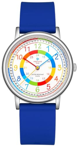 Alienwork Lernuhr Kinderuhr Jungen Mädchen Silber Silikon-Armband Blau Mehrfarbig Kinder-Uhr Zeit Lernen Ultra-flach dünn