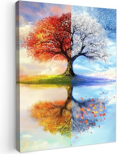 MuchoWow© Leinwandbilder 50x70 cm Wall Art Decoration Bilder für die Wand Schlafzimmer Deko Canvas Painting Wanddekoration Wohnzimmer Jahreszeiten - Kunst - Baum - Winter - Herbst