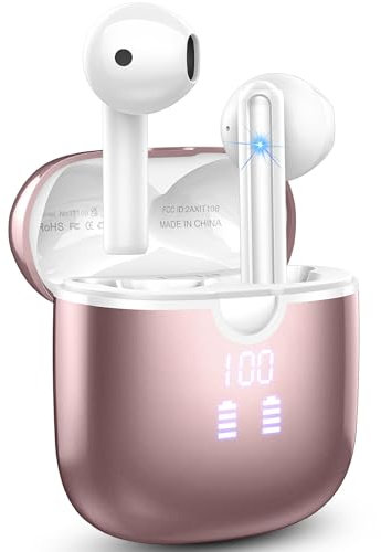 Cuffie Bluetooth Stereo HiFi, 40 Ore Wireless In Ear con ENC Cancellazione Rumore e 4 Mic, IP7 Impermeabile, USB-C Charge Oro Rosa