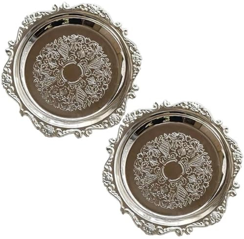 Bandeja de Velas 2 Piezas de 3.9 Pulgadas en Plato de Vela de Metal Diario con Grabado en la Mesa de café Redondo Decorativo Bandeja de Plata