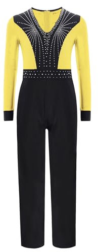 Miutii Turnanzug Jungen Glitzer Gymnastikanzug Langarm Ballettanzug Kinder Ganzkörper Trikot Eiskunstlauf Body Sport Overall Jumpsuit Gelb 134-140