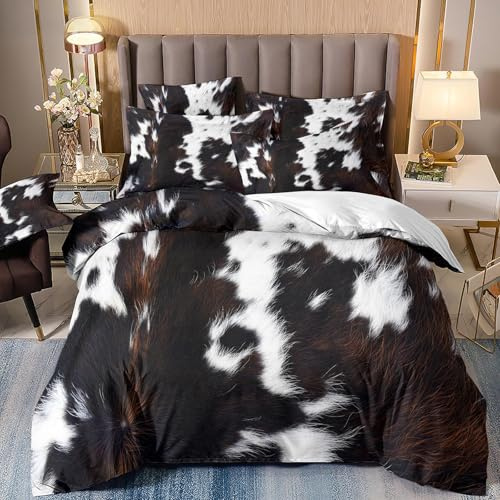 VOGIAY Bettwäsche Kuhfell 155x220 cm 3teilig Mikrofaser Bettbezug mit Reißverschluss, Weich Atmungsaktiv Bettwäsche-Set, für Kinder Erwachsene Western Bauernhof Tier Haut Betten Set Luxus Braun Weiß