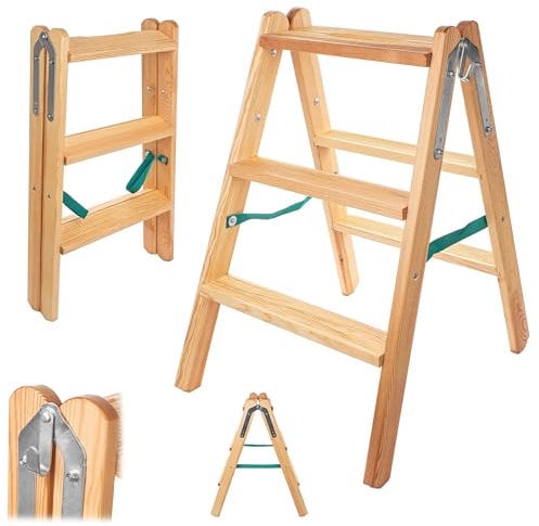 KADAX Escalera de madera con 3 peldaños, escalera de madera, escalera plegable, pequeña escalera plegable