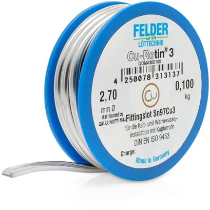 GALLUNOPTIMAL by FELDER Fittingslot Cu-Rotin 3 | Ø 2,7 mm | zum Weichlöten von Kupferrohren in der Trinkwasser- und Heizungsinstallation | Sn97Cu3 | Schmelzbereich 230-250°C | 100 g Spule