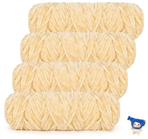 Coopay Samt Chenille Wolle, 400g (4x100g) Velvet Chenillegarn Wolle zum Häkeln&Stricken, Super Flauschige Weicher Babywolle für Kinder, Samtig Chenillewolle für Puppen, Schal, Decke - Beige