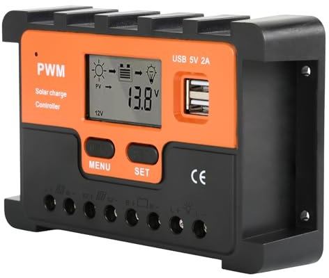 Wattive 30A Laderegler Solar 12V/24V,PWM Solar Laderegler Intelligenter Solar Charge Controller mit 5V Dual USB Port,Solarbatteriecontroller LCD-Display