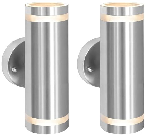 Mizlay 2 Stück Wandleuchten Außen/Innen mit 2x 5W GU10 Lampen Warmweiß,Up Down Leuchte Aussen,Edelstahl Wandleuchte Wasserdichte IP44,Wandlampe Downlight für Eingang Terrasse, Silber mit Diffusor