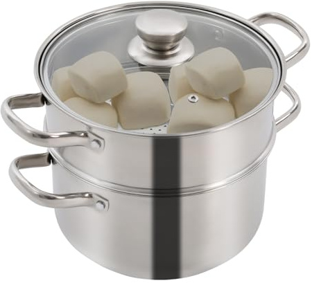Olla de vapor de acero inoxidable de 2 niveles, 3-4 L con tapa, para verduras, gambas, panecillos, sopa, cocina baja en grasa, inducción y cocina de gas, apta para lavavajillas