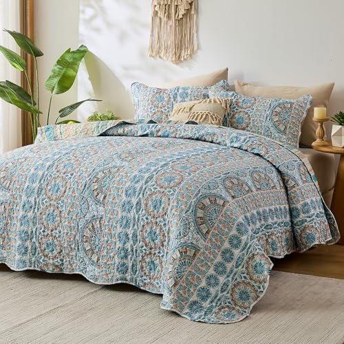 Qucover Übergroße Tagesdecke für King-Size-Bett, 138 x 122 cm, Boho-Steppdecke, extra breit, Alaska-King-Tagesdecke, 3-teilig, weiche Mikrofaser, leicht, super großes Steppdecken-Set mit Kissenbezügen
