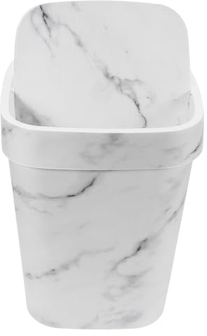 Milisten Poubelle Cuisine en Plastique Blanc à Motif Marbre avec Couvercle Basculant à Anneau, Grosse Capacité, Corbeille à Déchets pour Salle de Bain, Bureau et Maison, Conteneur