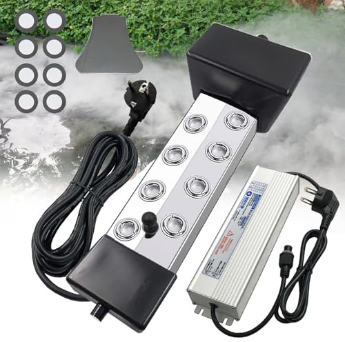 Humidificador ultrasónico de niebla, 6 L/H, 8 cabezales, con fuente de alimentación de 300 W, IP67, cable de alimentación de 5 m, enchufe europeo, flotador y discos atomizadores para jardín, estanque