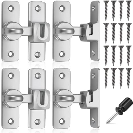 4Pcs Sliding Door Latch Lock – 90/180° Flip, Alum Alloy Silver | Easy Install with Screws and Driver – Secure Flip Latch – Ideal for Barn, Bath, Garage, Garden, Window, Cabinet