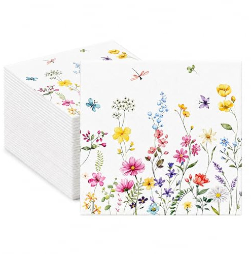 40 Stück Serviette Wildblume, Papierservietten mit Blumen Servietten Blumenwiese Schmetterlinge Servietten Blumenmuster für Geburtstag, Frühling, Tischdekoration Partys Hochzeiten Feiern