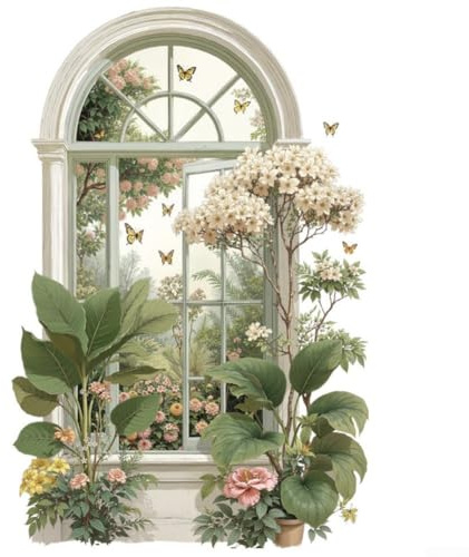 Zeroupshop Adesivo da parete 3D per finestra, motivo piante verdi, fiore rimovibile, in PVC, decorazione per camera da letto, soggiorno, casa, giardino, arte murale estetica