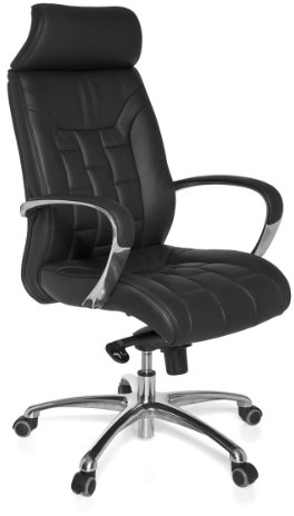 FineBuy Bürostuhl Echtleder schwarz Schreibtischstuhl bis 120kg X-XL Wippfunktion Chefsessel Armlehnen Drehstuhl Schwarz