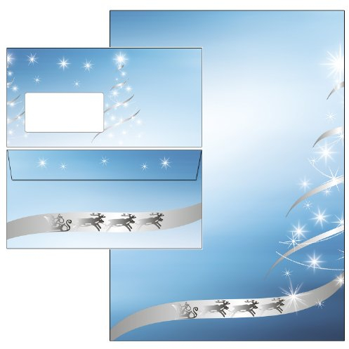 Weihnachtsbaum silber-star Set 100-teilig 50 Blatt Briefpapier + 50 Stück Briefumschläge DIN lang mit Fenster 5282+6287
