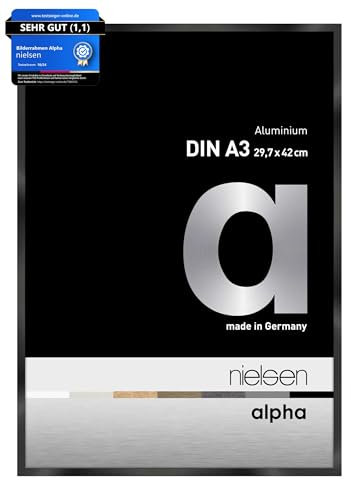 nielsen Bilderrahmen, 29,7 x 42 cm (A3), Aluminium, Schwarz glanz, Posterrahmen zum Aufhängen im Hoch- & Querformat, Echtglas, Alpha