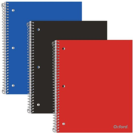 Oxford Spiralnotizbücher, 1 Thema, College-Papier, robuster Kunststoffeinband, 100 Blatt, Trenntasche, 3 pro Packung (10390), Rot, Schwarz und Blau