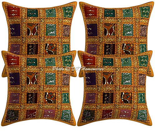 DK Homewares Ethnisch Couch Kissenbezüge 40x40 cm Mangogelb Baumwolle Patchwork Kissenbezüge Home Gestickte Pailletten Geometrisch Quadrat Kissenbezüge - 4er-Set (nur Bezug)