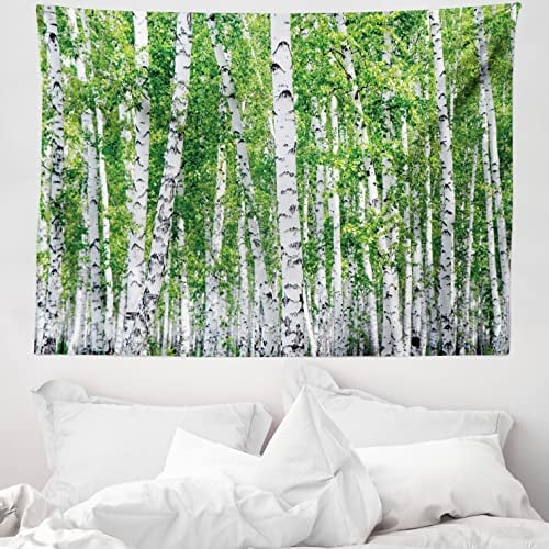 ABAKUHAUS Birke Wandteppich, Frische Sommer-Blätter aus Weiches Mikrofaser Stoff Waschbar ohne Verblassen Digitaldruck, 150 x 110 cm, Grün Weiß Schwarz