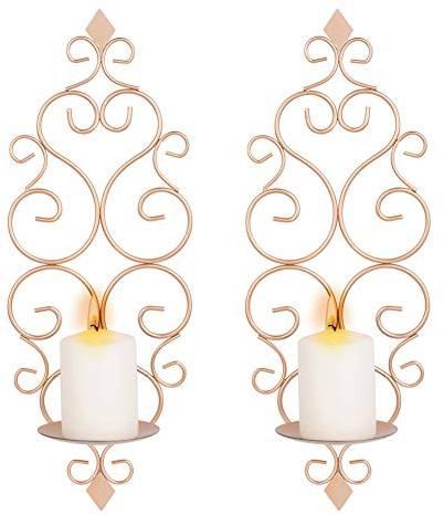 Sziqiqi Wandkerzenhalter Wandleuchter Kerzenständer Kerzenhalter Kerzenleuchter aus Metall 2er Set, Wandteelichthalter Säulenhalter für Teelichter Stumpenkerze Wohnzimmer Schlafzimmer, Roségold