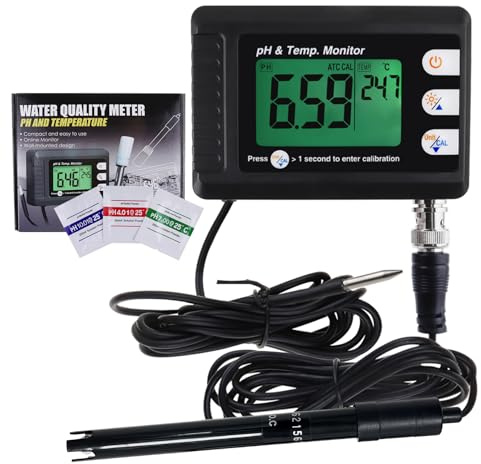 2 in 1 Temperature pH Monitor Meter Tester Sensor test Kit 0~14.0 pH Automatic Buffer Recognition BNC electrode Probe for Hydroponics Aquarium Lab Testing Food Drinking Water pH of saltwater/seawater