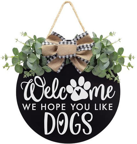 Welcome We Hope You Like Dogs Farmhouse Door Sign for Front Door Decor with Eucalyptus Leaves and Buffalo Plaid Bow - Welcome Dogs Wreath Sign Door Hanger for Dogs Lovers Housewarming Gift Home Decor