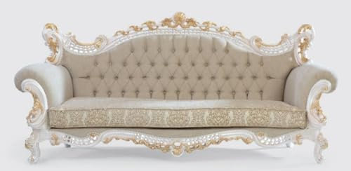 Casa Padrino Luxus Barock Sofa Greige/Weiß/Gold 230 x 95 x H. 130 cm - Handgefertigtes Wohnzimmer Sofa mit elegantem Muster - Barock Wohnzimmer Möbel - Edel & Prunkvoll