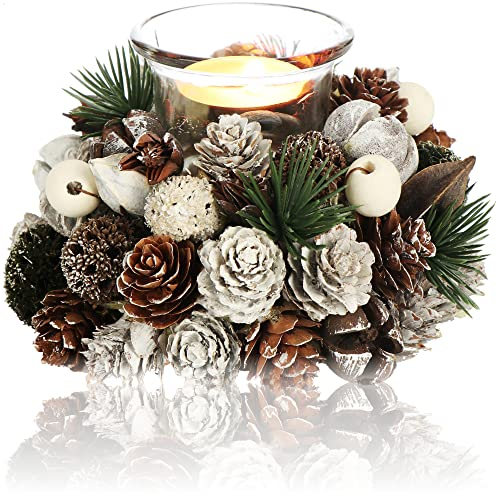 COM-FOUR® Teelichthalter - dekorativer Kerzenständer für Weihnachten und Herbst - Kerzenhalter mit natürlichen Materialien - Handarbeit (1 Kerzenhalter - weiße Perlen)