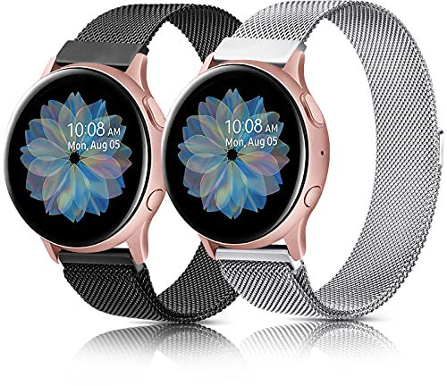Oumida 2 PCS Bracelet pour Samsung Galaxy Active2/Active/7/6/5/4 (40mm 44mm), 20mm en Acier Inoxydable pour Samsung 4/6 Classic (Noir+Argent)