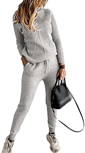 Minetom Damen Strickanzug Pullover Langarm Gestrickt Rollkragen Oberteile und Hosen Zweiteilige 2 Stück Strickpullover Freizeitanzug Trainingsanzug Grau M