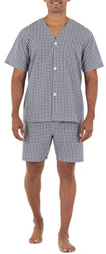 Fruit of the Loom Men's Broadcloth Short Sleeve Pajama Set, Navy/White Checked, M